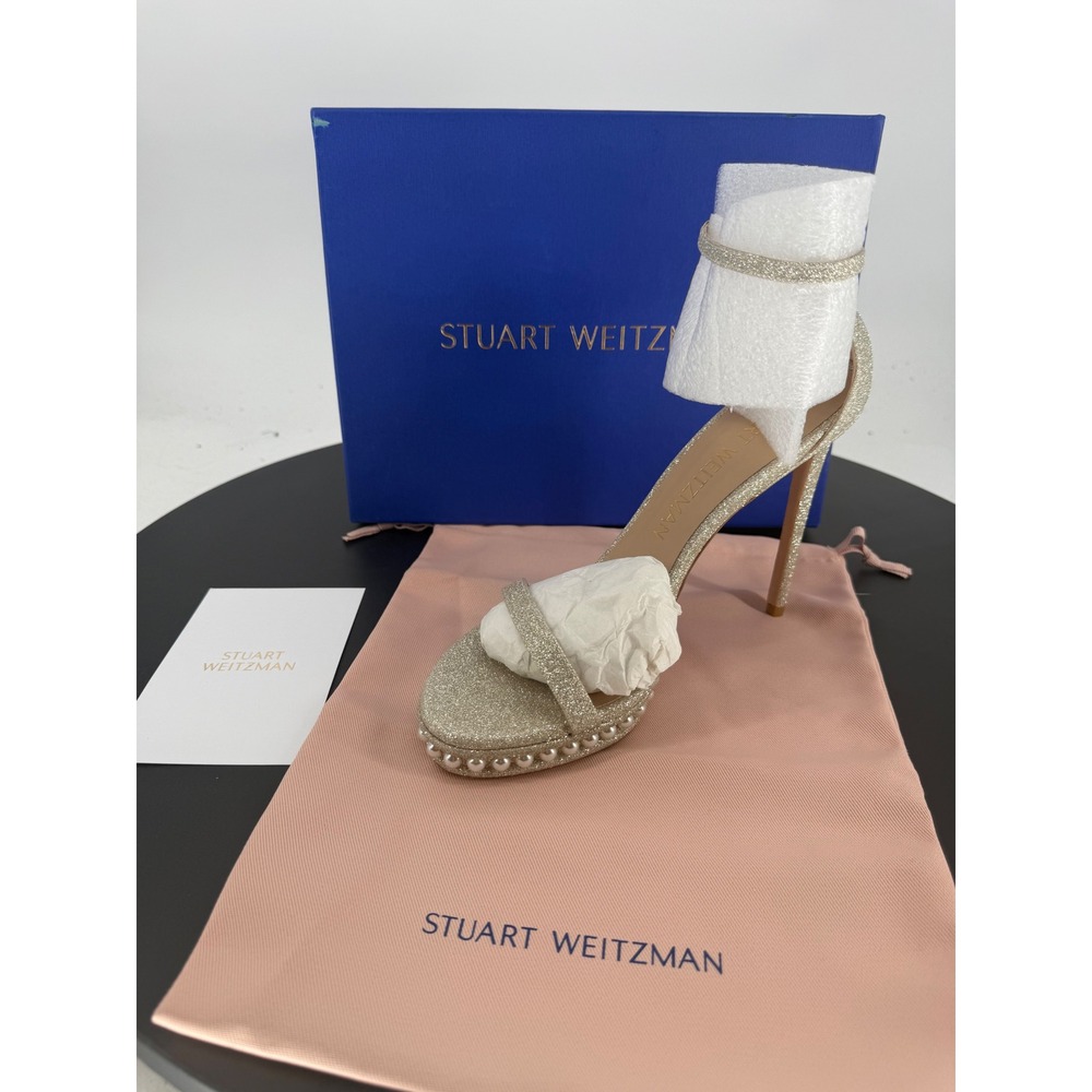 NIB Stuart Weitzman Nudistdisco Platform Sandal Platino Glitter Pearl Stud Sz 10